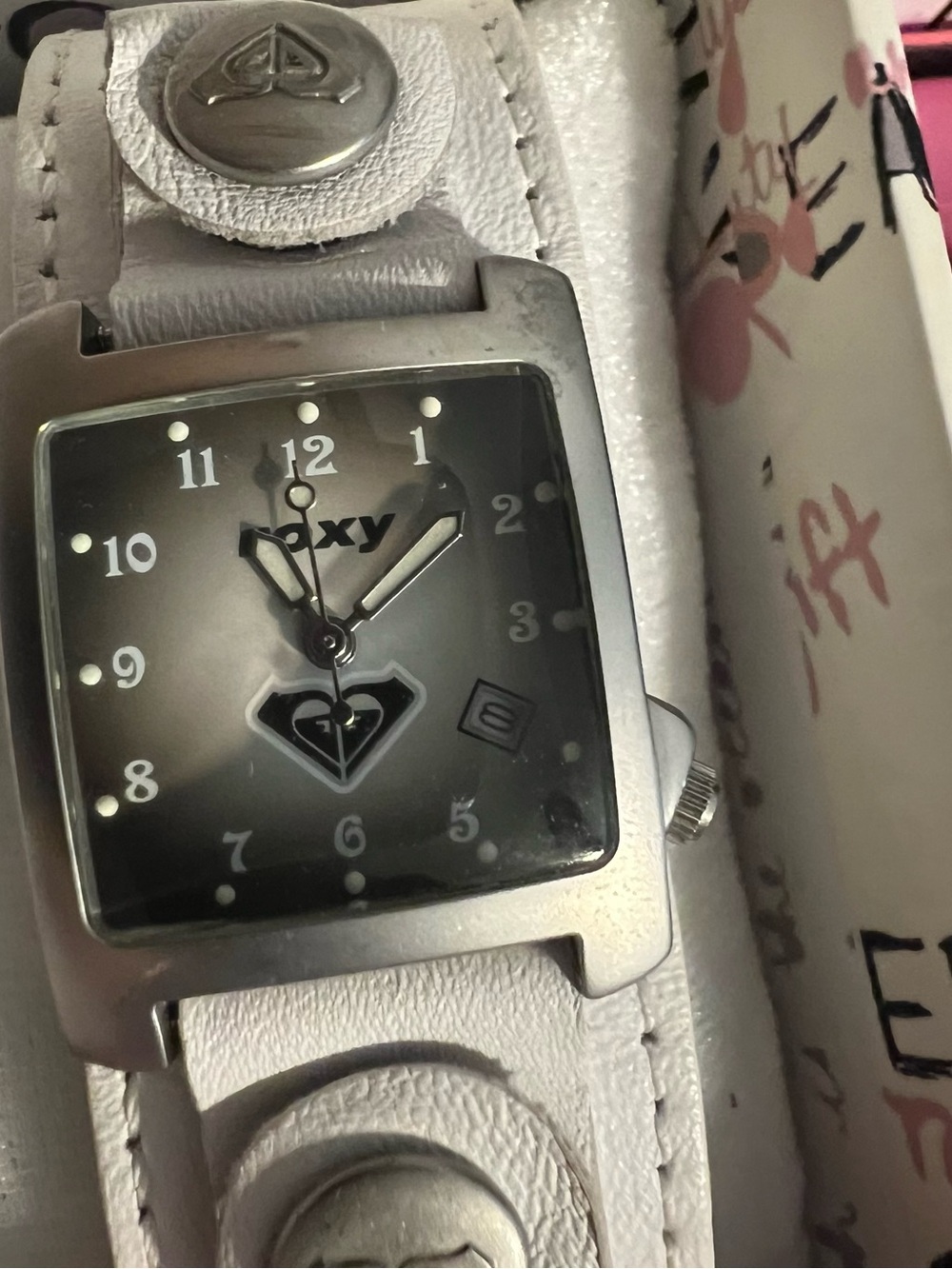 Roxy White Leather Strap Watch with Silver Square Case and Black-Gray Dial